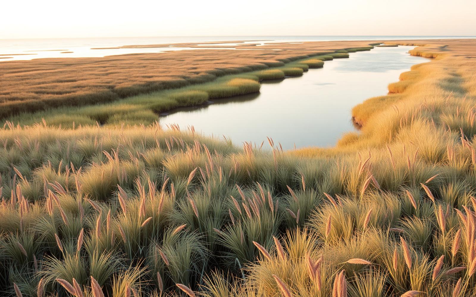 Golden hour over sea grass and a quiet tidal inlet meeting the ocean